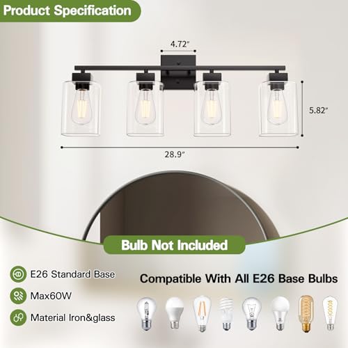 Image of 4 Light Bathroom Vanity Light - Matte Black Bathroom Light Fixtures Square Design & UL Certification, Square Light Fixture Over Mirror, Farmhouse Light Fixtures for Bathroom & Bedroom