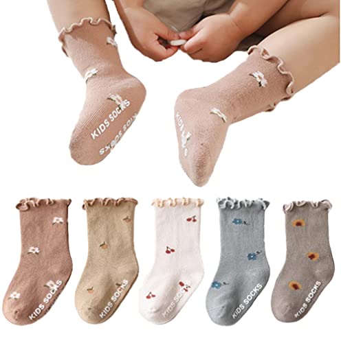 Image of Adeimoo Baby Girl Non Skid Socks Newborn Toddler Frilly Ruffle Socks Infant Anti Slip Cotton Sock 5 Pairs