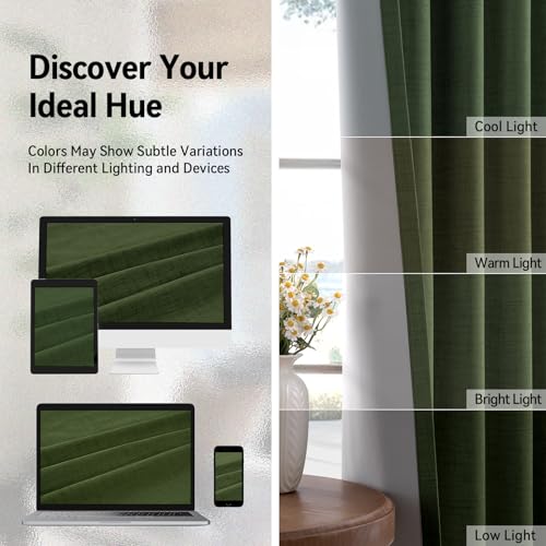 Image of Linen Textured Total Blackout Curtains 90 Inches Long, Loden | 100% Blackout Shield Grommet Blackout Curtains for Bedroom, Thermal Insulated Drapes for Living Room, 50 inchW x 90 inchL, 2 Panels