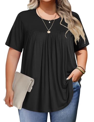 IN'VOLAND Womens Plus Size Tops Tunic Short Sleeve Crew Neck Shirts Casual Soft Blouse 1X-5X Black