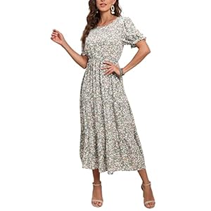 GRECERELLE Women’s 2024 Spring Summer Casual Loose Crewneck Boho Dress Ruffle Puff Sleeve High Waist Midi Dress