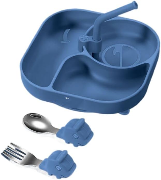 Ecqizer 餐盘吸盘式餐具套装/with Cutlery set/用于硅胶分格盘学吃饭碗—【深海蓝三件套】餐盘 勺子 叉子 吸管, 9317278909708