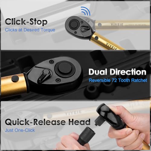 22PCS Torque Wrench Set 1/2" Drive, 10-180 ft.lb/13.6-244.1 Nm, Click Torque Wrench with Impact Sockets, 1 ft.lbs Micro, 72-Tooth Ratchet, Quick Release Head, Master Torque Tool for Car Repair