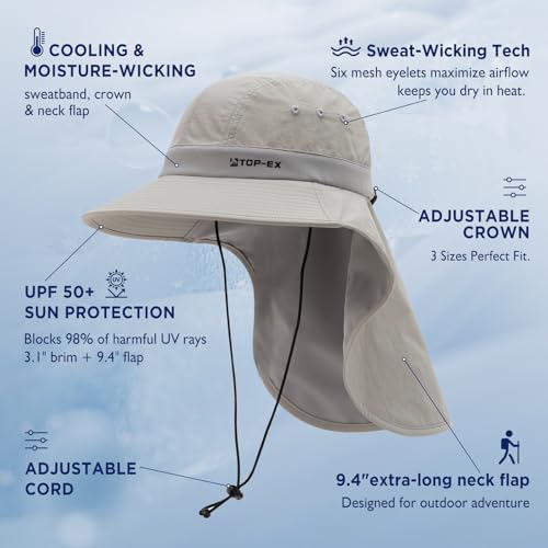 Image of TOP-EX Cooling Sun Hat with Neck Flap - UPF 50+ Wide Brim Breathable Hat for Hiking, Fishing & Big Heads