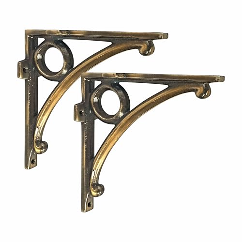 Image of Metal Handcrafted Shelf Bracket for Floating Shelves L Angle Decorative L Shaped Corner Brace Joint Heavy Duty Wall Mounted Shelf Supporter Corner Brace Holder (Brass Antique, Pack of 2)