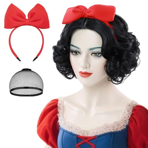 Guree Hair Short Black Curly Wigs + Red Bow Headband for Women Costume Synthetic Bob Curly Wig for Halloween Cosplay Party Use