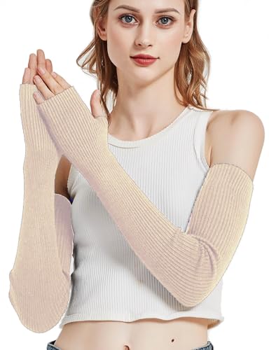 Novawo Wool Blend Warm Arm Warmers Super Soft Long Fingerless Gloves for Women