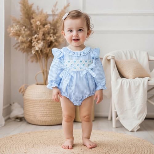 Newborn Baby Girl Fall Outfit Floral Bow Smocked Bubble Romper Doll Collar Ruffle Long Sleeve Plaid Bodysuit Clothes2