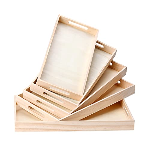 Wooden Serving Trays with Handles, UnityStar 5 Set of Rectangular Wood Trays for Crafts, Decor, Kitchen Nesting Food Trays for Eating, Ottoman Coffee Table