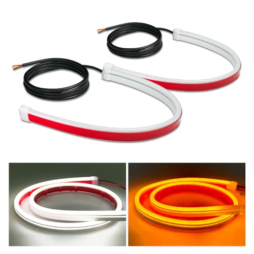 60cm Car LED Daytime Running Lights Strip,23.62'' Dynamic Waterproof Flexible DRL LED Strip, Sequential Switchback White and amber Turn Signal Lights for Car Headlight