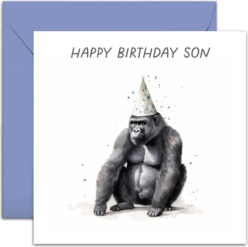 Old English Co. Funny Birthday Card for Son - Party Gorilla Birthday Greeting Card for Him Men - Humorous Birthday Card for Son from Mum and Dad | Blank Inside with Envelope…
