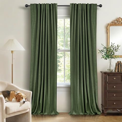 100% Blackout Shield Linen Blackout Curtains for Bedroom 90 Inches Long, Back Tab/Rod Pocket Living Room Drapes, Thermal Insulated Blackout Curtains 2 Panels Set, 50" W x 90" L, Moss Green