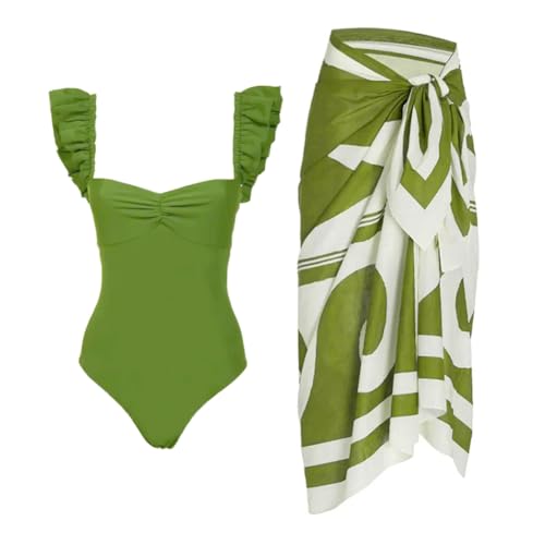Women One-Piece Swimsuit with Cover up Wrap Skirt Sarong Bathing