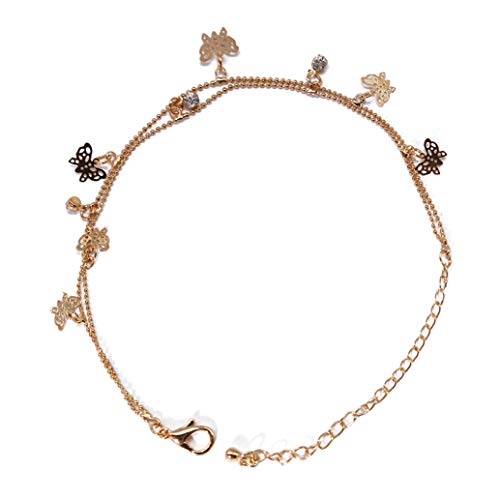 Hengxingwf Vintage Double Layer Butterfly Beads Chain Anklet Women Foot Jewelry Summer Barefoot Beach