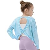 Gogokids Girls Shirts Long Sleeve Athletic Shirts Open Back Tops Active Sports Tshirts Yoga Workout Crop Tees, Blue, 13-14 Years