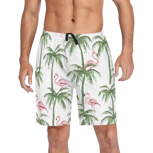 Flamingo Tropical Tree Pajama Bottom Shorts for Men Soft Casual Sleep Lounge Shorts with Pockets S-XXL