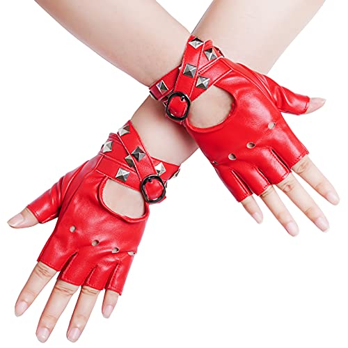 Nydotd Women Punk Rivets Half Finger PU Leather Performance Costume Fingerless GlovesRed