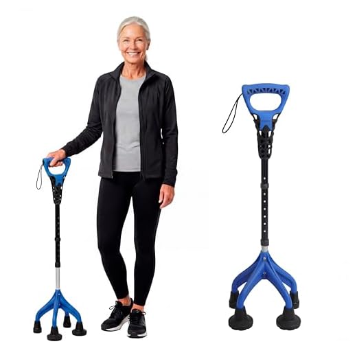 KMINA Quad Walking Stick (Heavy Duty and Sturdy 3.3 lbs), Height Adjustable for Users Over 5'1", Ergonomic Handle, Patented - Made in Europe (Blue)