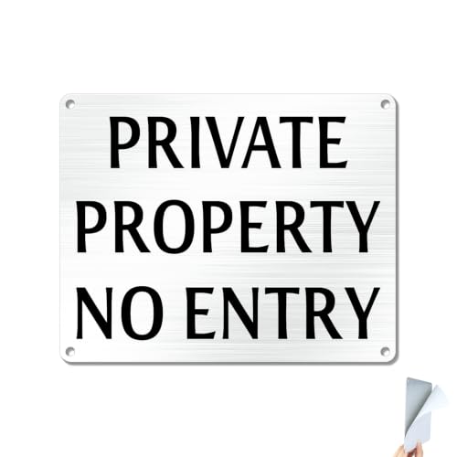 Image of Goodvia Private Property No Entry Sign - Brushed Aluminium Security Warning Plaque | 10x8 Inch (25x20cm) with Pre-Drilled Holes | Weatherproof Outdoor Gate & Fence Notice x1