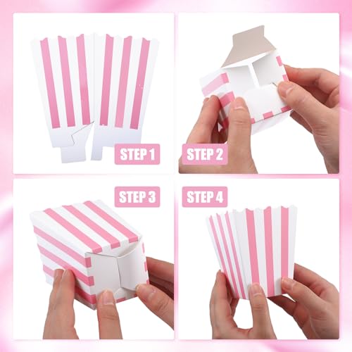 Image of Geyoga 48 Pcs Popcorn Boxes Bulk,Pink and White Striped,4 x 3 Inches | Mini Pink Popcorn Buckets, Candy Containers, for Pink Carnival Theme Party, Movie Nights, Circus Events, Birthday Decorations