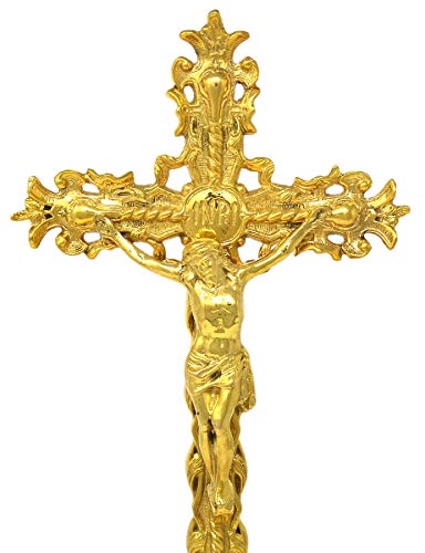 Religious Gifts Jesus Christ Cross Polished Solid Brass Standing Crucifix for Church, 17 Inch