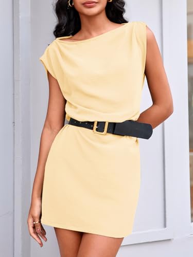 Image of Wenrine Womens 2026 Summer Mini Dress Casual Sleeveless Tie Waist Loose Ruched Beach Vacation Short Sundresses