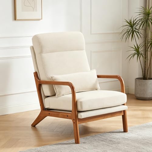 LEADZM Fauteuil de Salon avec Cadre en Bois Massif Fauteuil Lounge, Fauteuil Relax Scandinave, Dossier Haut, pour Salle à Manger, Salon, Chambre, Siege Bureau