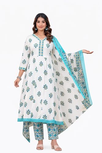 Image of Women's Indigo Blue Printed Anarkali Kurta with Palazzo Set, Long Sleeve V-Neck Ethnic Wear (IN, Alpha, L, Regular, White)