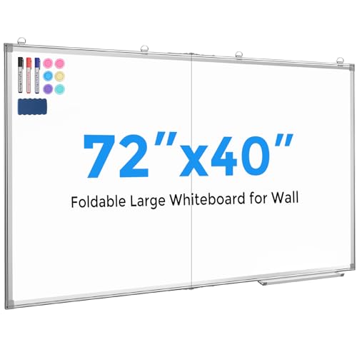 MaxGear Large Dry Erase White Board, 72" x 40" Foldable Whiteboard for Wall, Magnetic Dry Erase Board, Wall Mounted Hanging White Board for School, Office and Home, Silver Aluminium Frame