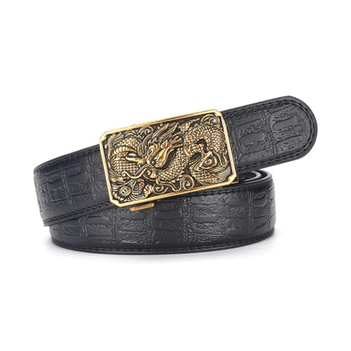 Men's Ratchet Embossed Belt - Crocodile Pattern Leather Strap With Carved Dragon Automatic Buckle, Trim To Fit
