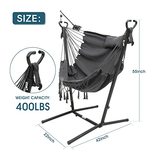 Hammock With Stand Phone Holder Included,Outdoor Hammock Swing Chair Bohemian Style,Adjustable Hanging Chair With Stand For Indoor Patio Yard Garden Porch,400Lbs Capacity (Classical Black) #TOP1