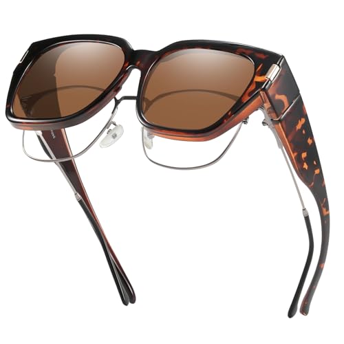 HAOLOTA Polarized Fit Over Glasses Sunglasses for Women Men Trendy Square Wrap Around Shades UV Protection L Size 10 Dark-tortoise/Brown