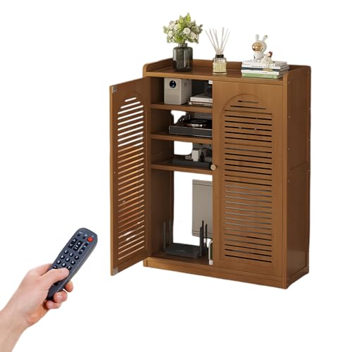 Image of Bamboo Router Storage Cabinet, Floor Standing WiFi Modem Hider Box for Living Room, Louvered Door Media Console with Adjustable Shelf, Cable Management Organizer for Power Strips(Brown,38.2in)