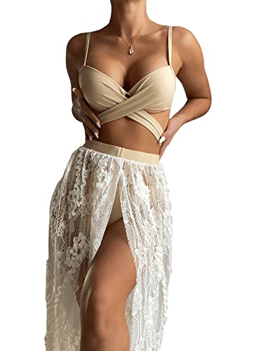 Sweatyrocks Women's 3 Pieces Beach Swimsuit Tropical Ruffle Halter Bikini Swimsuit With Cover Up Wrap Skirt Apricot M #TOP3