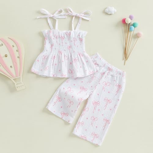 Little Kids Girl Summer Outfit Sleeveless Tied Flower Print Cami Tank Tops Elastic Pants Toddler 2Pcs Clothes Set2