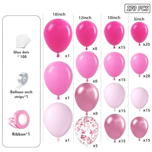 Image of Pink Balloons Garland Arch Kit 170pcs, Hot Pink Metallic Pink Shades of Pink Valentine's Day Balloons for Birthday Wedding Princess Theme Engagements Baby Shower Party Decorations