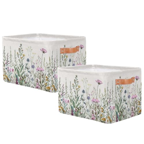 Image of Wildflowers Plants Storage Baskets for Organizing, Fabric Collapsible Storage Bins Box Spring Esthetical Decorative Toy Organizer Baskets for Closet Shelves Gift Basket 2Pcs
