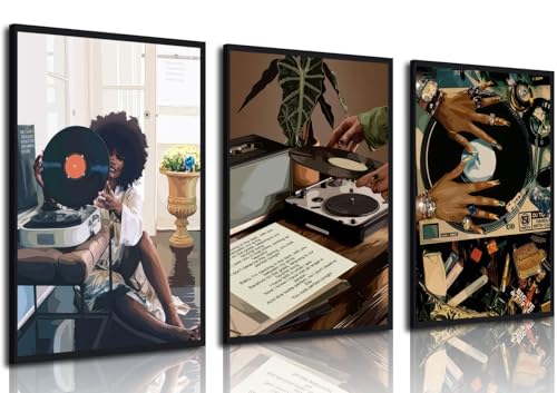 3Pcs Black Woman Art Poster African American Women Canvas Wall Art Funky Black Girl Record Music Posters prints for Modern Black Woman Bedroom Home Decoration 12x16in Unframed