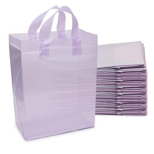 Prime Line Packaging Plastic Gift Bags with Handles, Clear Reusable Tote for Small Business, Goodies, Purple Party Favors, Retail, 10x5x13 100 Pack