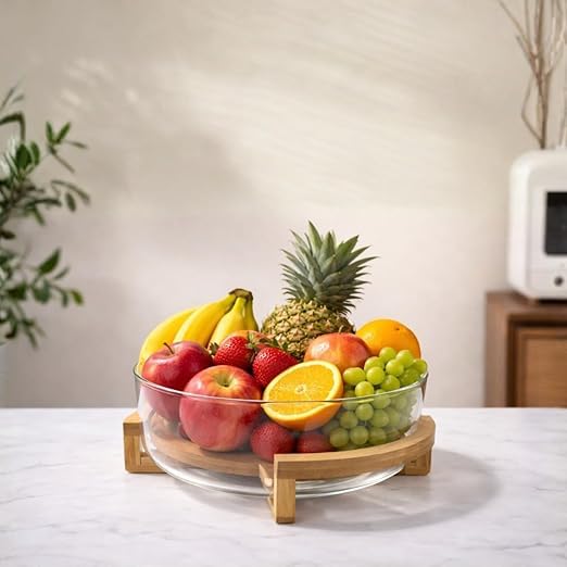 Image of Premium Glass Fruit Bowl with Natural Bamboo StandSet of 1, Large Modern Decorative Centerpiece for Kitchen Countertop Versatile Serving Bowl for Salads, Snacks, and Table Decor