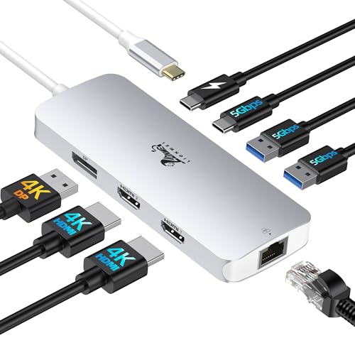 Station d'accueil USB C double moniteur 8 en 1 pour ordinateur portable, 2 moniteurs, hub USB C avec 4K Dual HDMI, DisplayPort, Ethernet 1 Gbps, 100 W PD, 3 adaptateurs USB A/C 3.0 compatibles avec