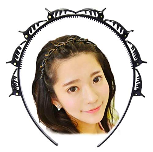 Double Bangs Hairstyle Hairpin, Double Layer Twist Plait Headband Hair Tools, Multi-layer Hollow Woven Headband with Alligator Clip for Fashionable Girl Knitting Hair (Black)