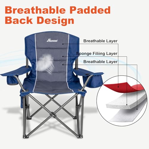 Image of Romswi Oversized Camping Chairs,Heavy Duty Support 500 LBS,Padded Back & Arm Sport Chairs, Cup Holder Cooler Bag, Collapsible Folding Chairs for Outdoor, Fishing & Garden, Blue,2-Pack