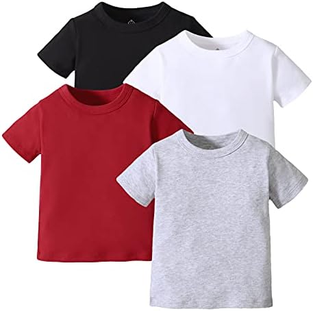 OPAWO Unisex Infant Baby Crew Neck T-Shirt 4 Pack Short Sleeve Solid Color Tees for Boys Girls (Black/White/Gray/Red, 18-24 Months)