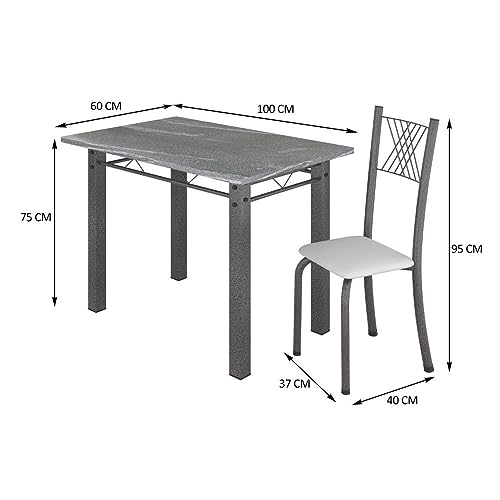 Conjunto Mesa com 4 Cadeiras Tampo de Granito Topázio Sara  Branco Liso/Martelado Prata