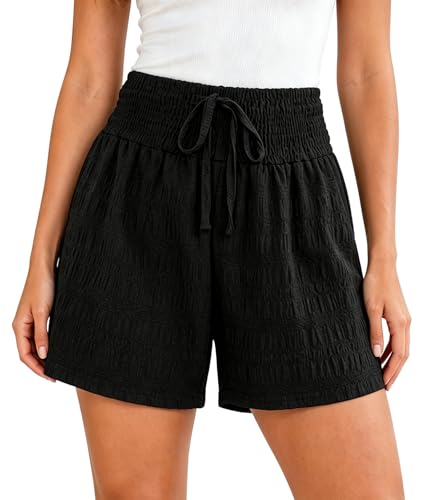 Remidoo Womens Smocked High Waisted Flowy Shorts Wide Leg Short Drawstring Beach Shorts Black Medium