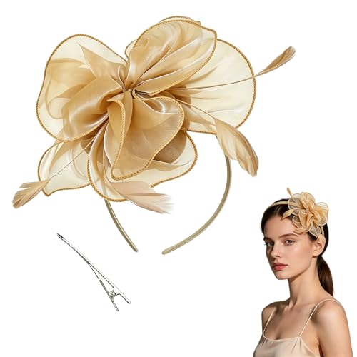 Gold Fascinator Gold Fascinators for Weddings Flower Champagne Fascinator Elegant Stylish Ladies Hatinators for Weddings UK Tea Party Cocktail Race Valentines Day Festivals