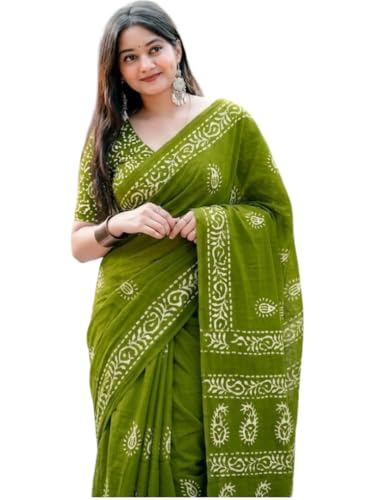 Image of Women's Pure Cotton Printed Saree with Traditional Batik Inspired Border Design, Soft Lightweight Daily Wear Saree with Unstitched Blouse Piece for Festive, Casual and Office Wear