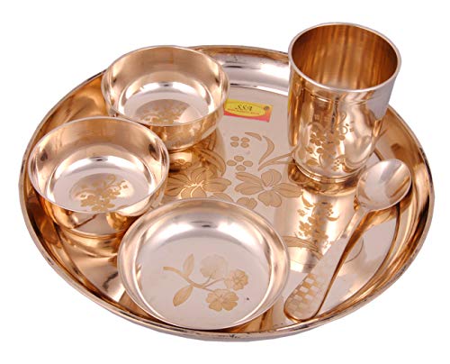 Shiv Shakti Arts Bronze | Kansa Thali Dinner Set - 6 Piece, Gold - (Laser Flower Design)