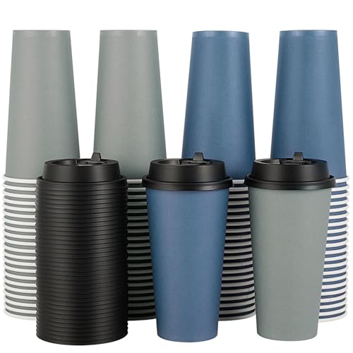 LITOPAK 100 Pack 20 oz Disposable Paper Coffee Cups with Lids for Coffee Water Juice or Tea Blue and Gray Hot Paper Cups for Home Restaurant Store and Cafe
